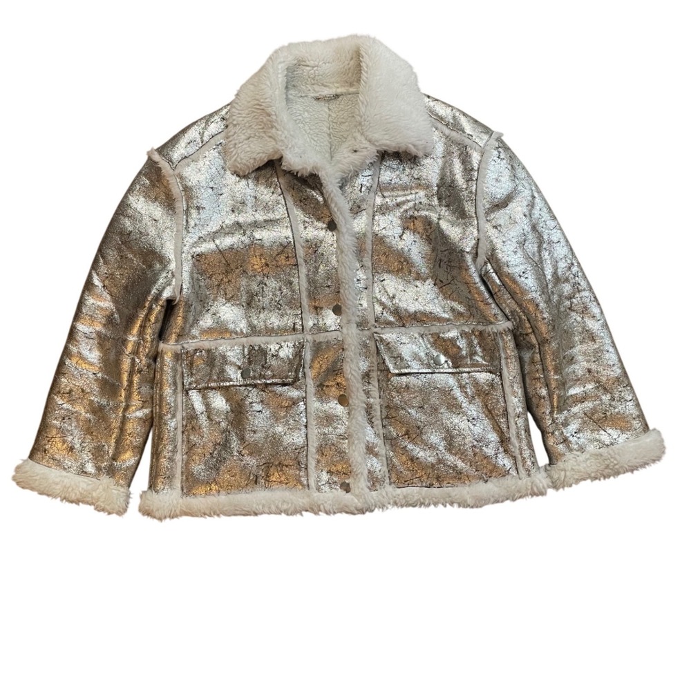 Metallic Silver Shearling‎ Jacket Faux Fur Lined Aviator Coat Women's Cropped